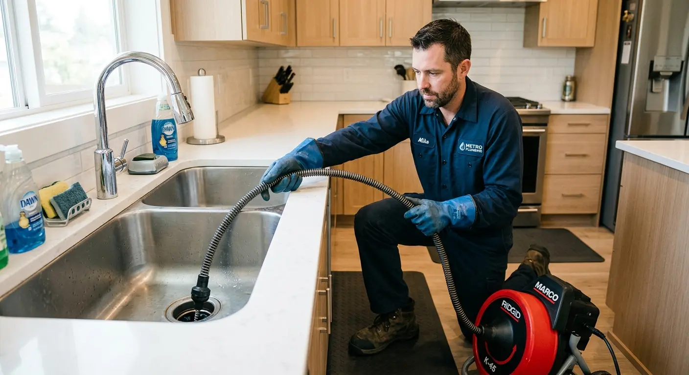 Drain cleaning technician using a motorized snake on a kitchen sink in Tupper Lake