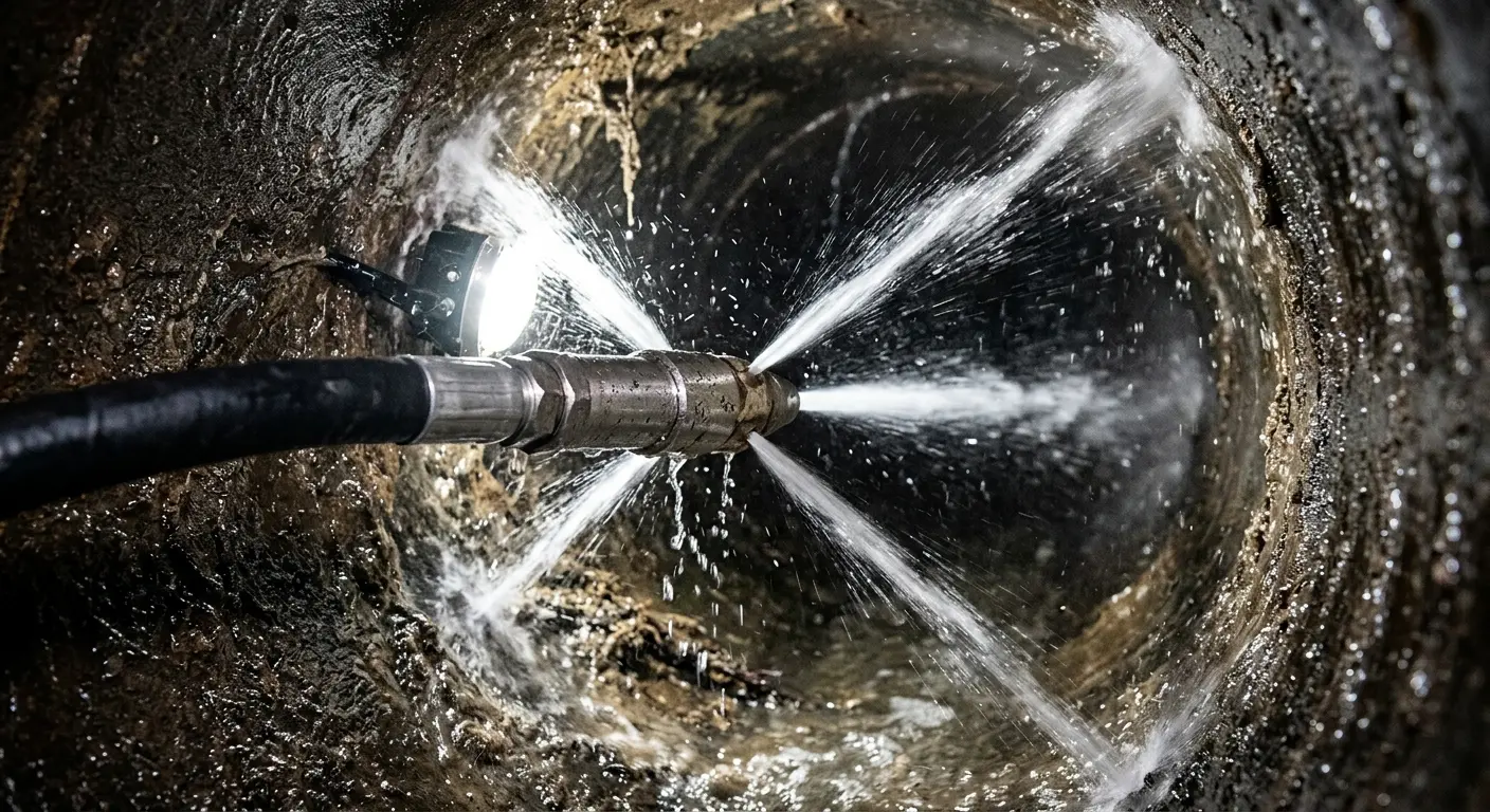 High-pressure hydro jetting nozzle cleaning sewer pipe for Trenchless Sewer Repair in Tupper Lake