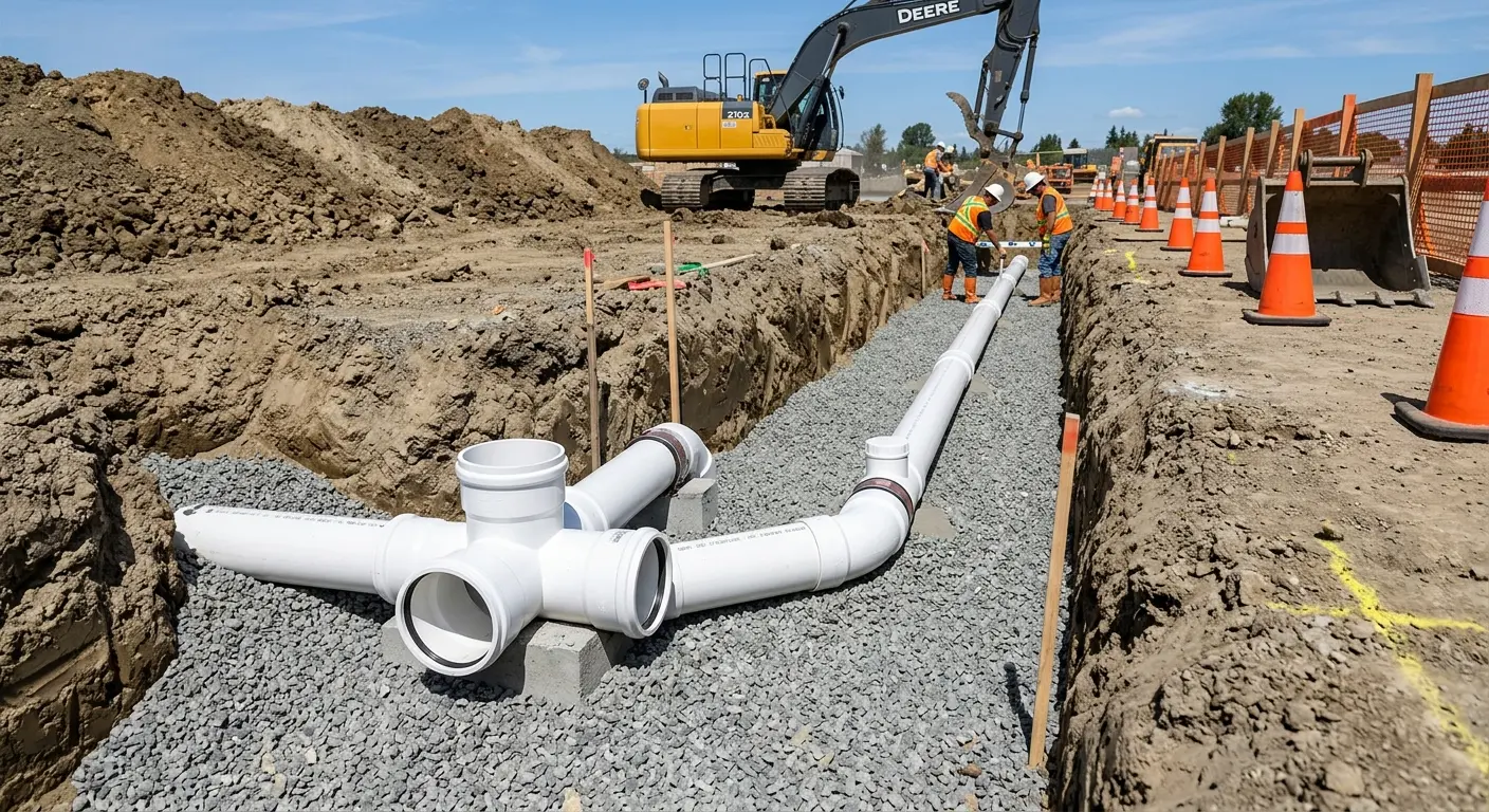 New PVC sewer pipe installation in open trench for Sewer Camera Inspection in Tupper Lake