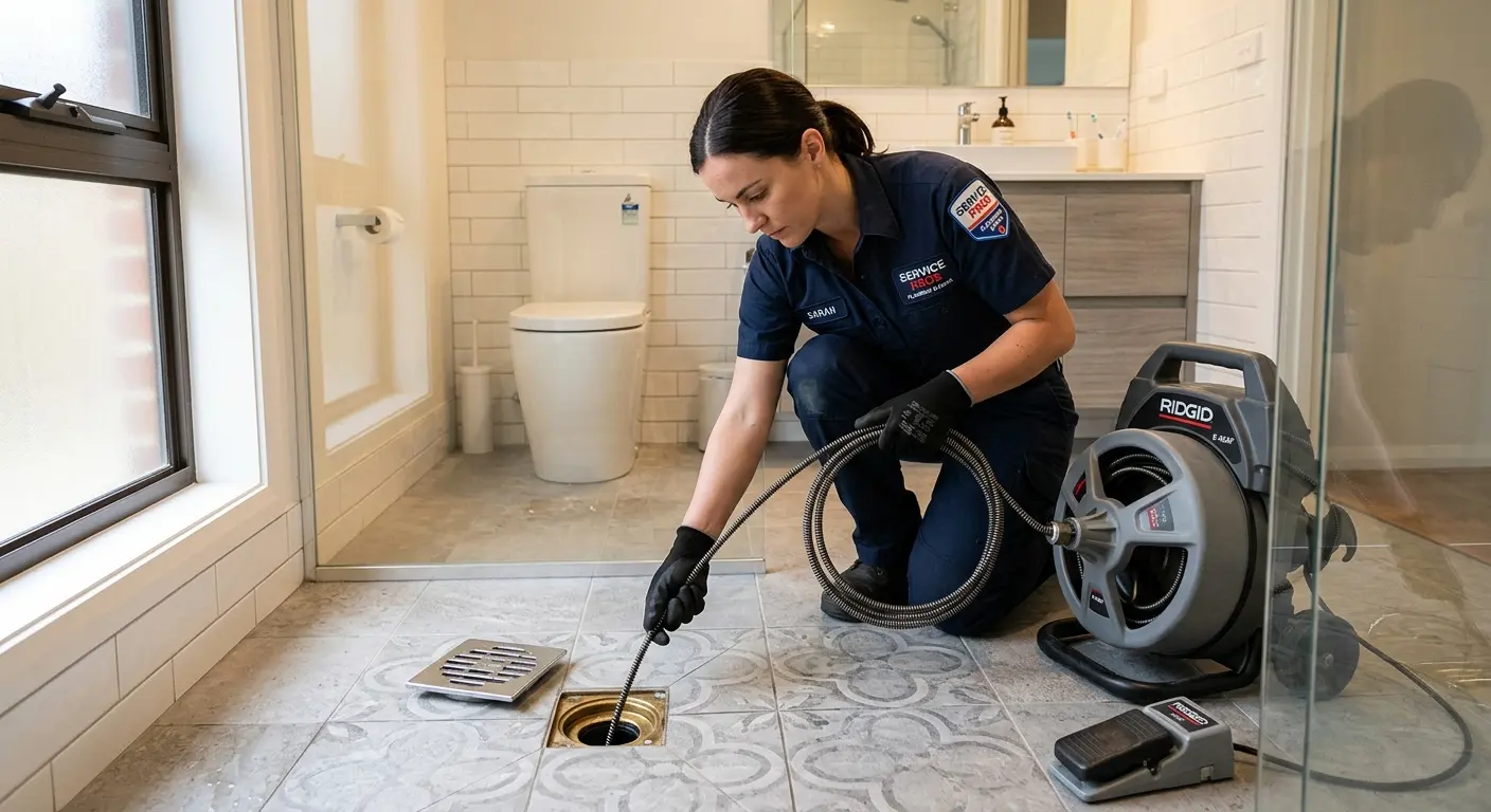 Technician clearing a bathroom floor drain for Clogged Drain Repair in Tupper Lake